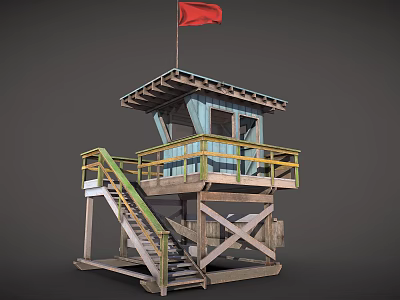 Wooden Watchtower With Red Flag Open Platform Wooden Staircase And Yellow Railing 3d model