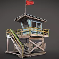 Wooden Watchtower With Red Flag Open Platform Wooden Staircase And Yellow Railing