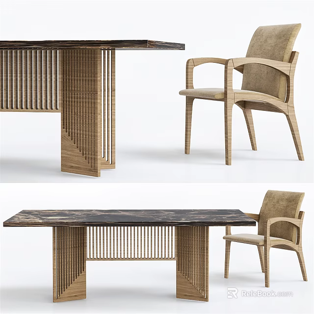 Modern Wooden Table And Chair Set With Slatted Design And Armrests 3d model 