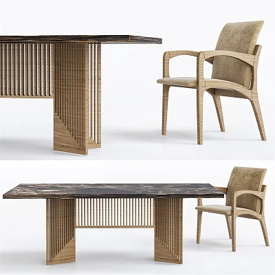 Modern Wooden Table And Chair Set With Slatted Design And Armrests 3d model