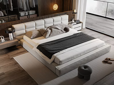 Modern Light Colored Double Bed With Upholstered Headboard Nightstand Table Lamp And Wooden Floor 3d model