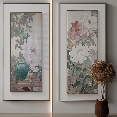 Wall Mounted Floral Paintings With Green Vase And Dried Flower Decorative Arrangement 3d model