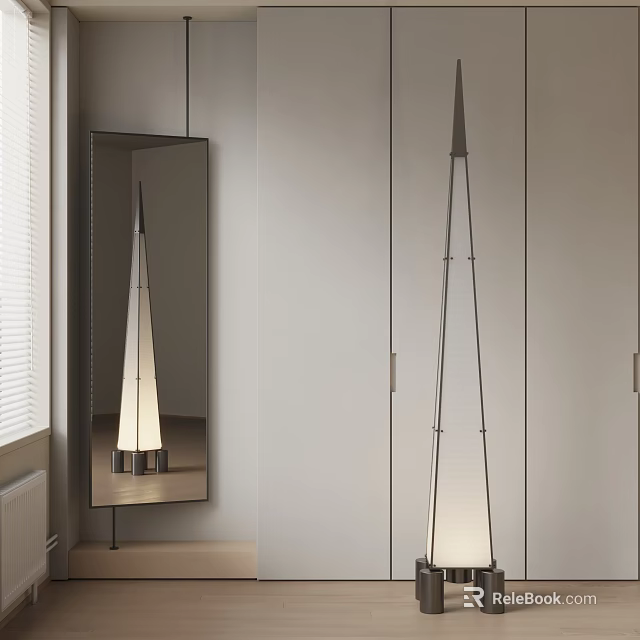 Modern Minimalist Floor Lamp with White Wall and Mirror Reflection in Room 3d model 