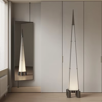 Modern Minimalist Floor Lamp with White Wall and Mirror Reflection in Room 3d model