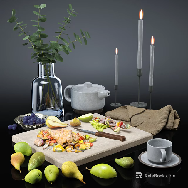 Fresh Chicken Salad And Fruits On Cutting Board With Teapot Candles And Eucalyptus 3d model 