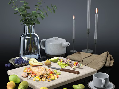 Fresh Chicken Salad And Fruits On Cutting Board With Teapot Candles And Eucalyptus 3d model