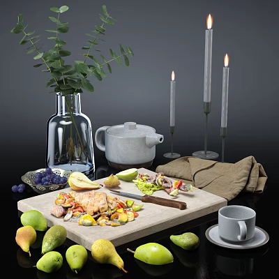 Fresh Chicken Salad And Fruits On Cutting Board With Teapot Candles And Eucalyptus 3d model