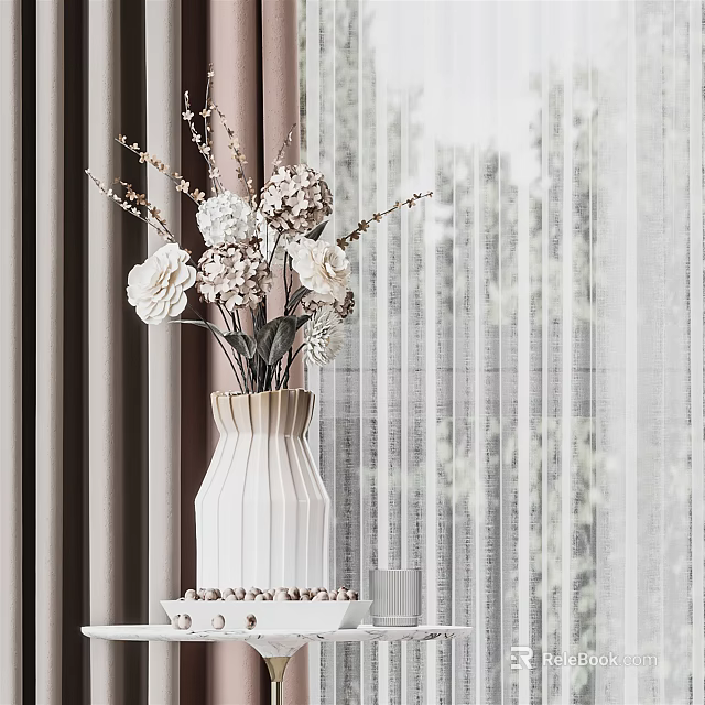 Stylish White Flower Vase Arrangement With White And Light Pink Blooms Near Curtains And Window 3d model 