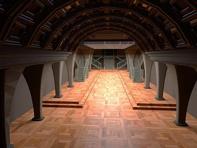 Cartoon Scene Of Grand Hall With Arched Wooden Ceiling Wooden Floor Columns And Staircases 3d model