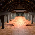 Cartoon Scene Of Grand Hall With Arched Wooden Ceiling Wooden Floor Columns And Staircases