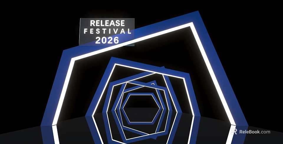 Release Festival 2026 Event Entrance With Blue Geometric Light Frames And Illuminated Design 3d model 