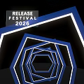 Release Festival 2026 Event Entrance With Blue Geometric Light Frames And Illuminated Design