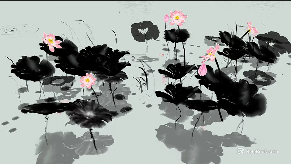 Ink Painting Style Pink Lotus Flowers And Black Leaves On Water Surface 3d model 