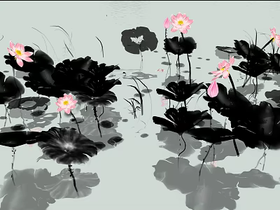 Ink Painting Style Pink Lotus Flowers And Black Leaves On Water Surface 3d model