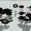 Ink Painting Style Pink Lotus Flowers And Black Leaves On Water Surface