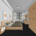 Hotel Guest Room With Twin Beds Wooden Wardrobes Decorative Paintings And Window Curtains