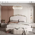 Modern Bedroom Interior Design With Crystal Chandelier Gold Headboard Beige Bedding Nightstands Vase And Flowers