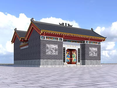 Ancient Architecture With Traditional Roof Carved Walls And Colorful Door Classic Design 3d model
