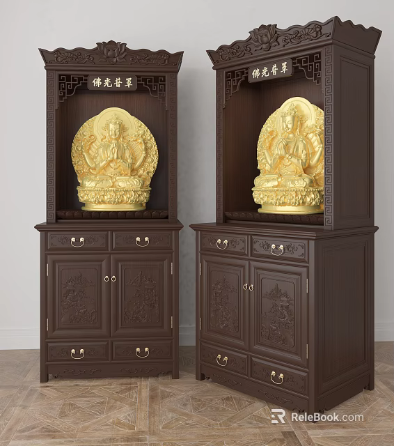 Dark Wooden Buddhist Shrine Cabinet With Carved Design And Golden Buddha Statue 3d model 