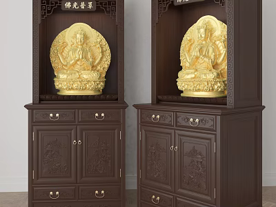 Dark Wooden Buddhist Shrine Cabinet With Carved Design And Golden Buddha Statue 3d model