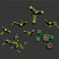 Various Green Cactus Plants with Red Flowers Including Tall Columnar and Round Spherical Types