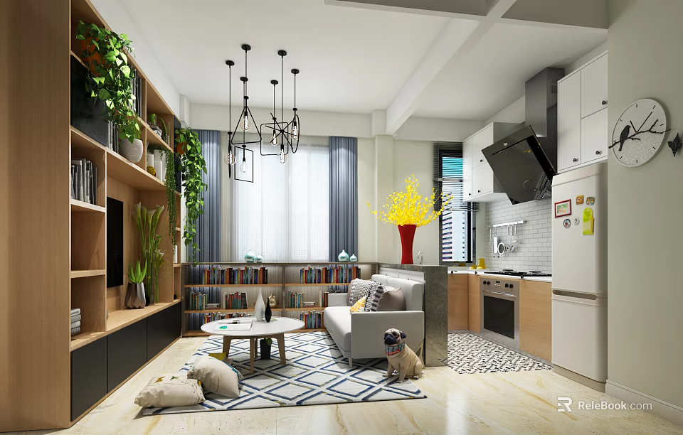 Modern Living Room Interior With Sofa Coffee Table Rug Plants And Chandeliers 3d model 