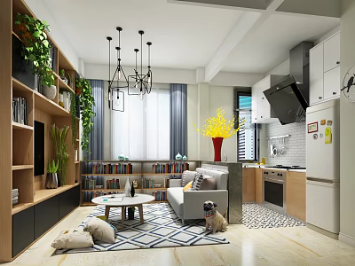 Modern Living Room Interior With Sofa Coffee Table Rug Plants And Chandeliers 3d model