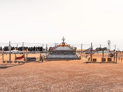 Vast Desert Landscape Featuring Traditional Building Trees And Vehicles Under Clear Sky 3d model