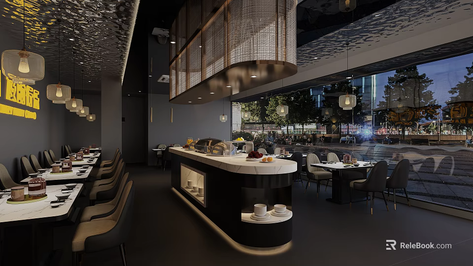 Elegant Modern Restaurant Interior With Pendant Lights Bar Counter And Dining Tables 3d model 