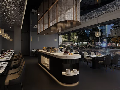 Elegant Modern Restaurant Interior With Pendant Lights Bar Counter And Dining Tables 3d model