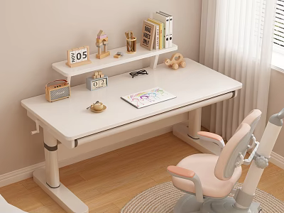 White Kids Desk With Adjustable Height And Study Supplies Including Books And Chair 3d model