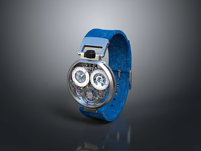 Modern Mechanical Watch With Blue Fabric Strap And Silver Dial Details 3d model