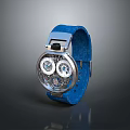 Modern Mechanical Watch With Blue Fabric Strap And Silver Dial Details