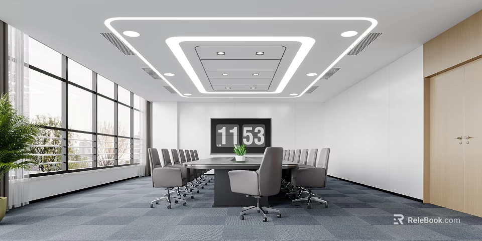 Modern Conference Room Interior With Large Windows Long Meeting Table Chairs Green Plant And Wall Screen 3d model 