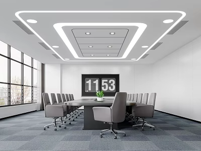 Modern Conference Room Interior With Large Windows Long Meeting Table Chairs Green Plant And Wall Screen 3d model