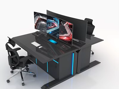 Modern Gaming Workstation Setup With Dual Monitors Black Desktop And Blue LED Lights 3d model