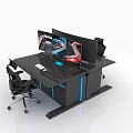 Modern Gaming Workstation Setup With Dual Monitors Black Desktop And Blue LED Lights