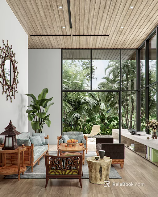 Tropical Themed Living Room Interior With Large Glass Windows Lush Plants And Comfortable Seating 3d model 