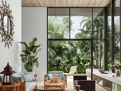 Tropical Themed Living Room Interior With Large Glass Windows Lush Plants And Comfortable Seating 3d model