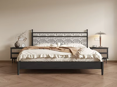 Elegant Double Bed With Patterned Headboard White Bedding Brown Blanket And Wooden Herringbone Floor 3d model