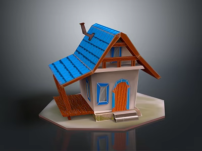 Small House Architecture With Blue Roof Chimney White Walls Blue Framed Windows And Orange Door 3d model