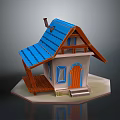 Small House Architecture With Blue Roof Chimney White Walls Blue Framed Windows And Orange Door
