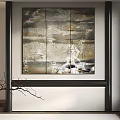 Abstract Multi Panel Wall Painting In Gray Gold Tones With Black Vase And Window Blinds