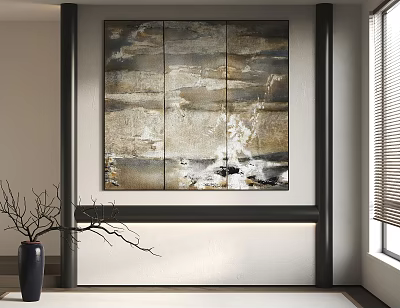 Abstract Multi Panel Wall Painting In Gray Gold Tones With Black Vase And Window Blinds 3d model