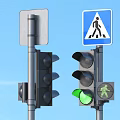 Traffic Lights And Crosswalk Sign With Pedestrian Figure On Blue Background