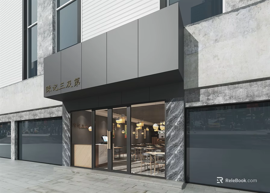 Modern Cold Brew Craft Restaurant Exterior With Gray Walls Glass Doors And Marble Accents 3d model 