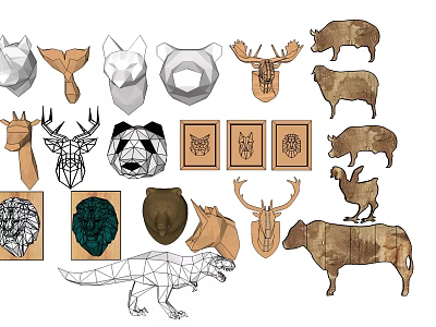 Animal Wall Decor Featuring Geometric And Wooden Animal Head Shapes Minimalist Design For Interior Decoration 3d model