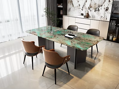 Modern Restaurant Interior With Green Marble Dining Table And Brown Chairs 3d model