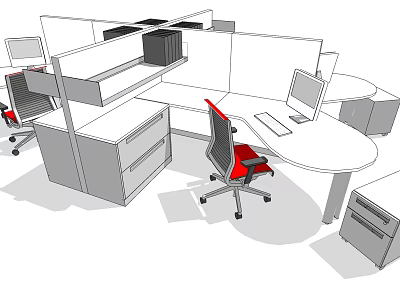Modern Office Desk Workspace With Computer Monitor Red Chair And File Cabinet 3d model