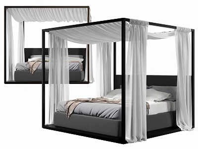 Modern Four Poster Double Bed With Black Frame White Drapes And Gray Bedding 3d model